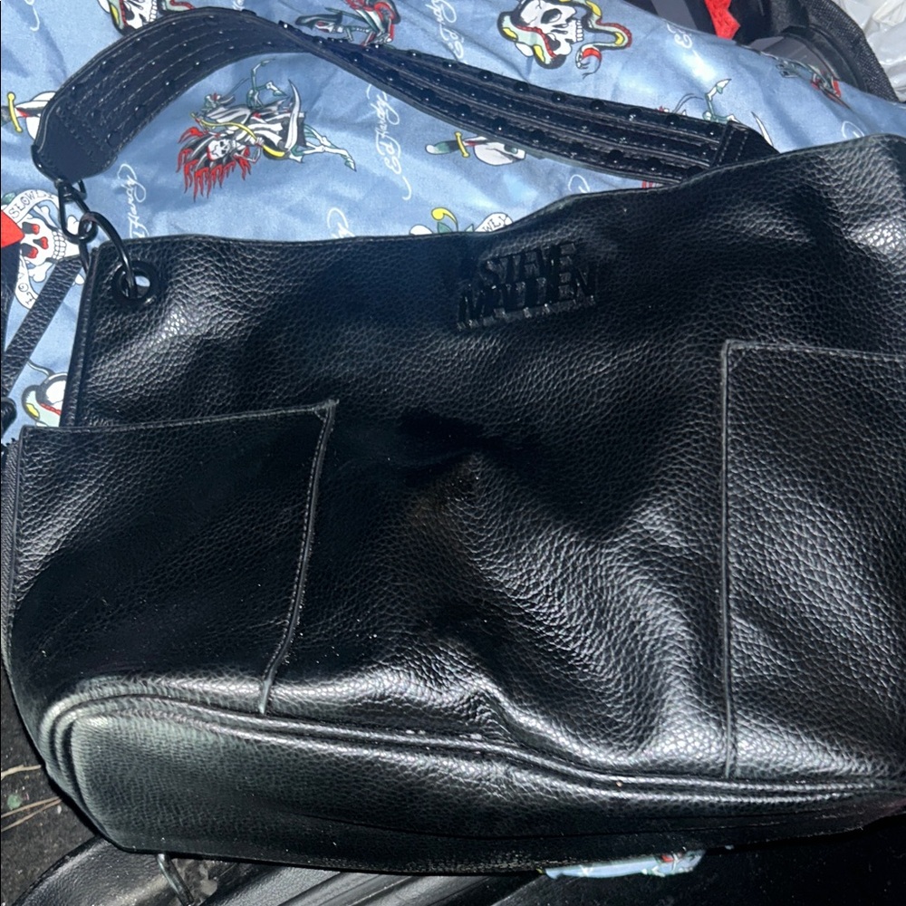 Steve Madden Black Textured Leather Messenger Bag